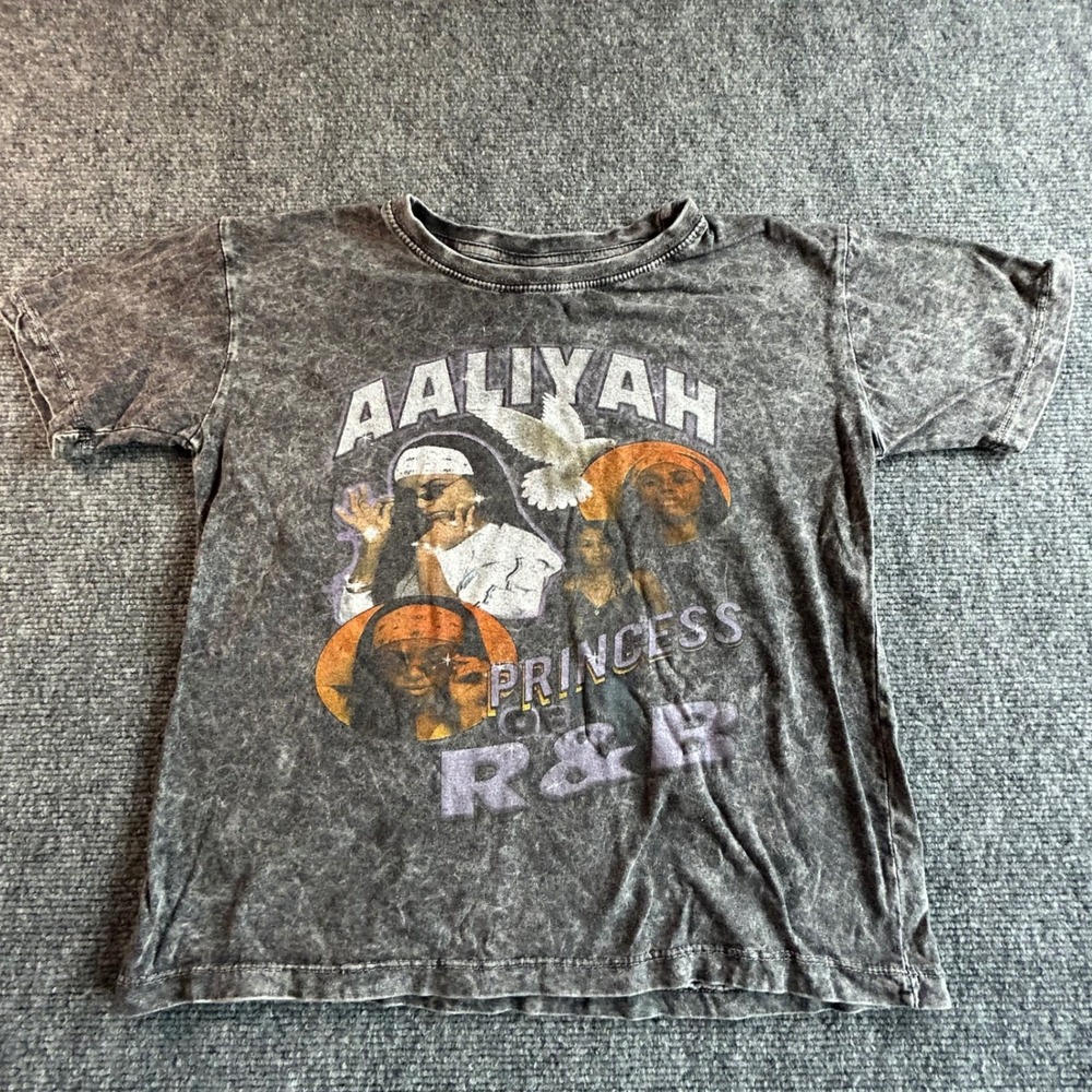 Popular Sports Aaliyah Princess of R&B Graphic Tee Acid Wash Grey Kids 10/12